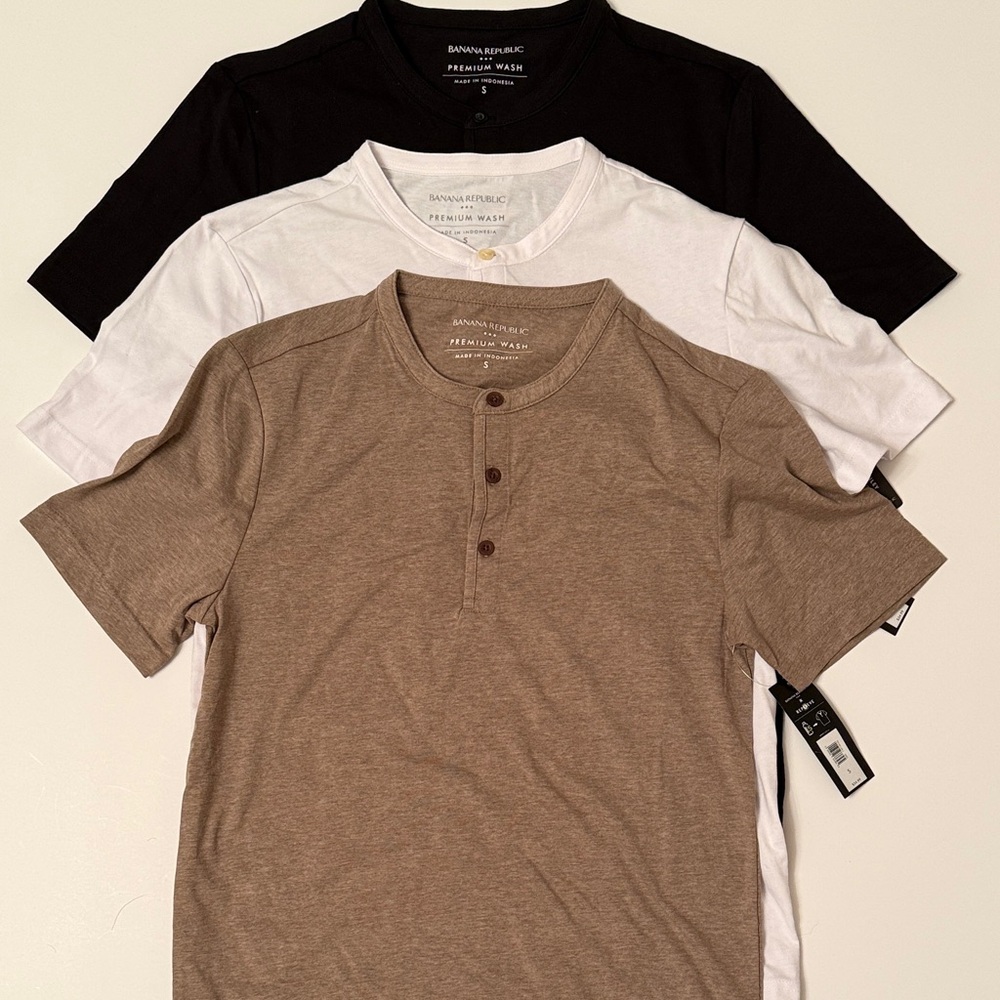 Banana Republic Factory Short Sleeve Henley Trio - Black, White, Tan